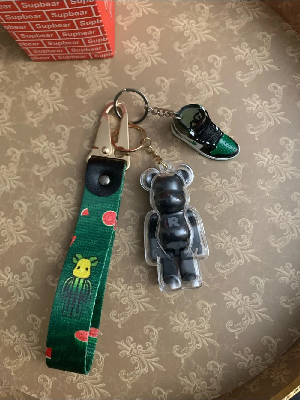 Supbear Keychain Green & Black, R Clear Black Bear & Watermelon Wristlet